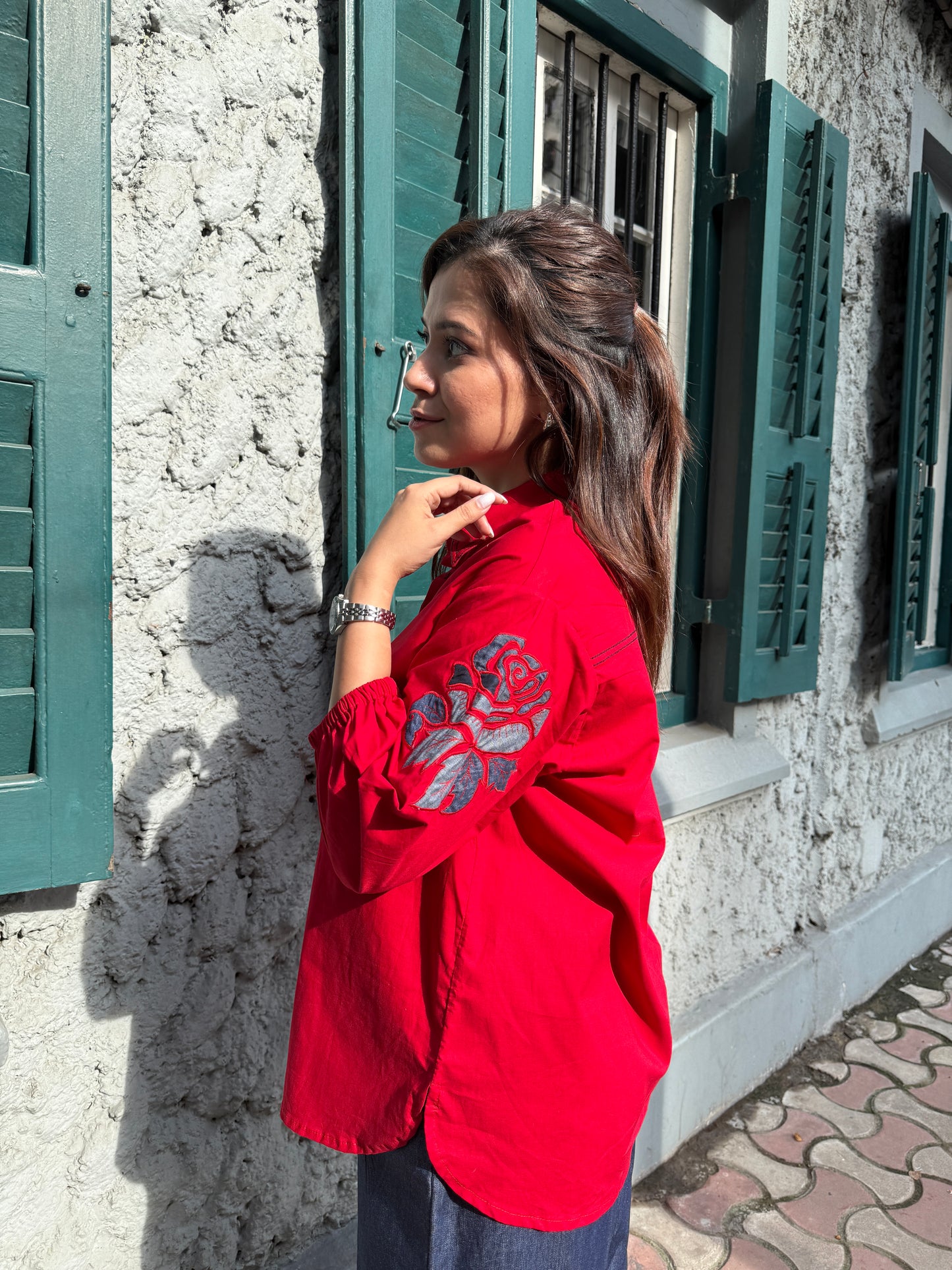 Red Cotton Co-Ordset with Denim Pants