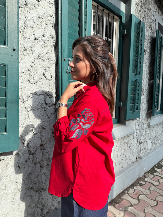 Red Cotton Co-Ordset with Denim Pants