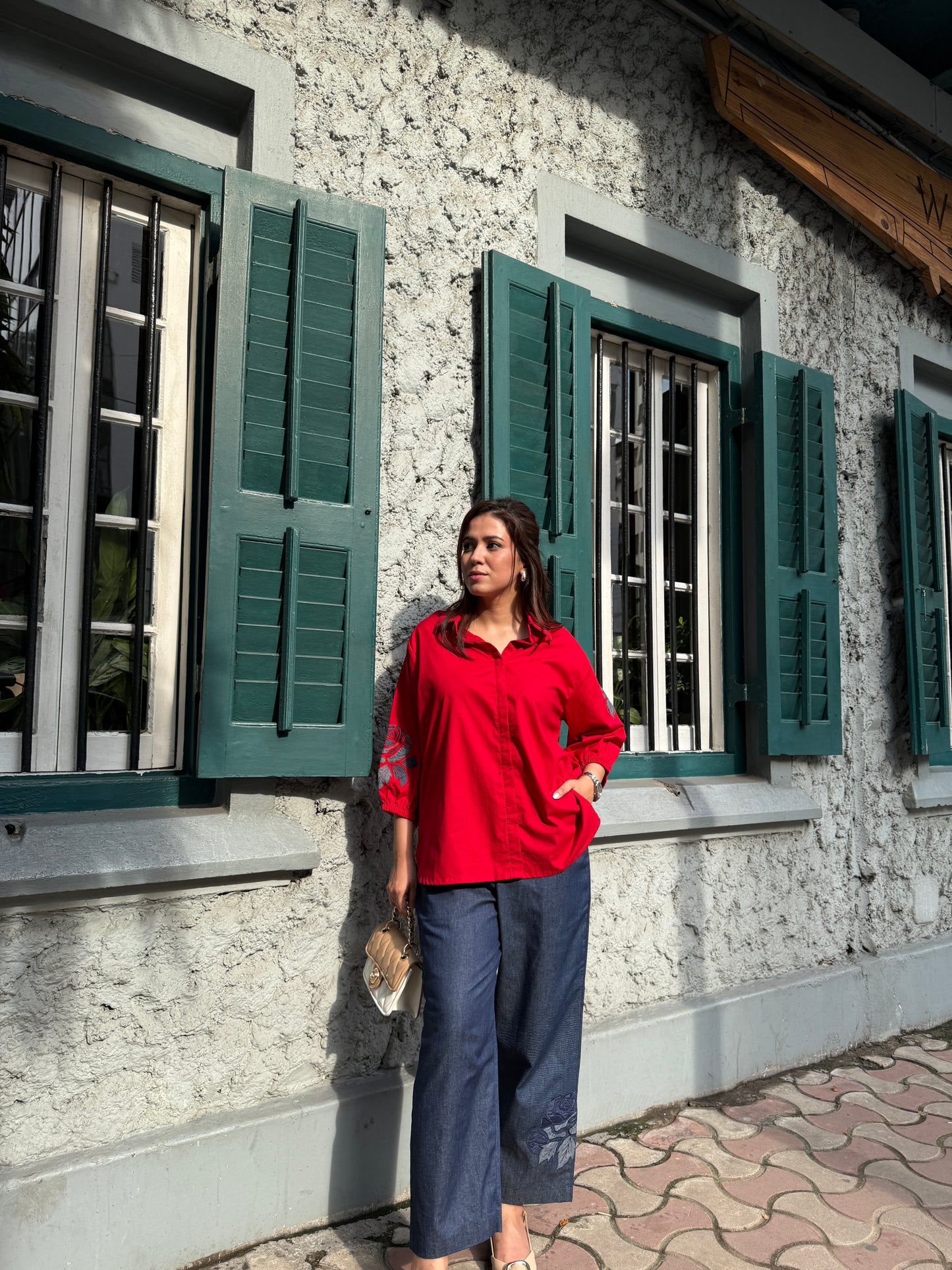 Red Cotton Co-Ordset with Denim Pants