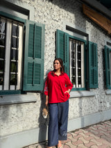 Red Cotton Co-Ordset with Denim Pants