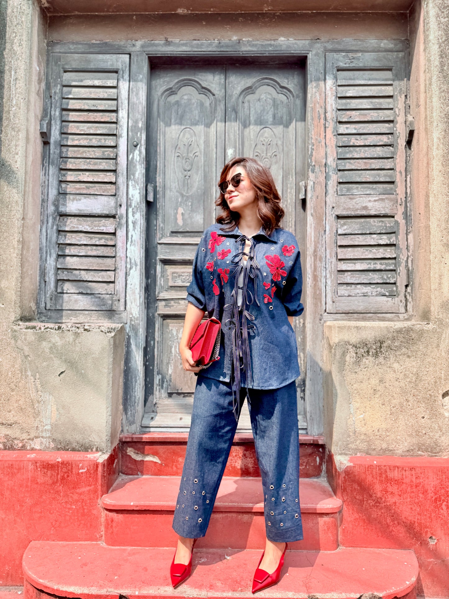 Tie up Denim Cord with Flower and Eyelet Details