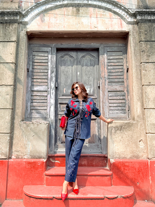 Tie up Denim Cord with Flower and Eyelet Details