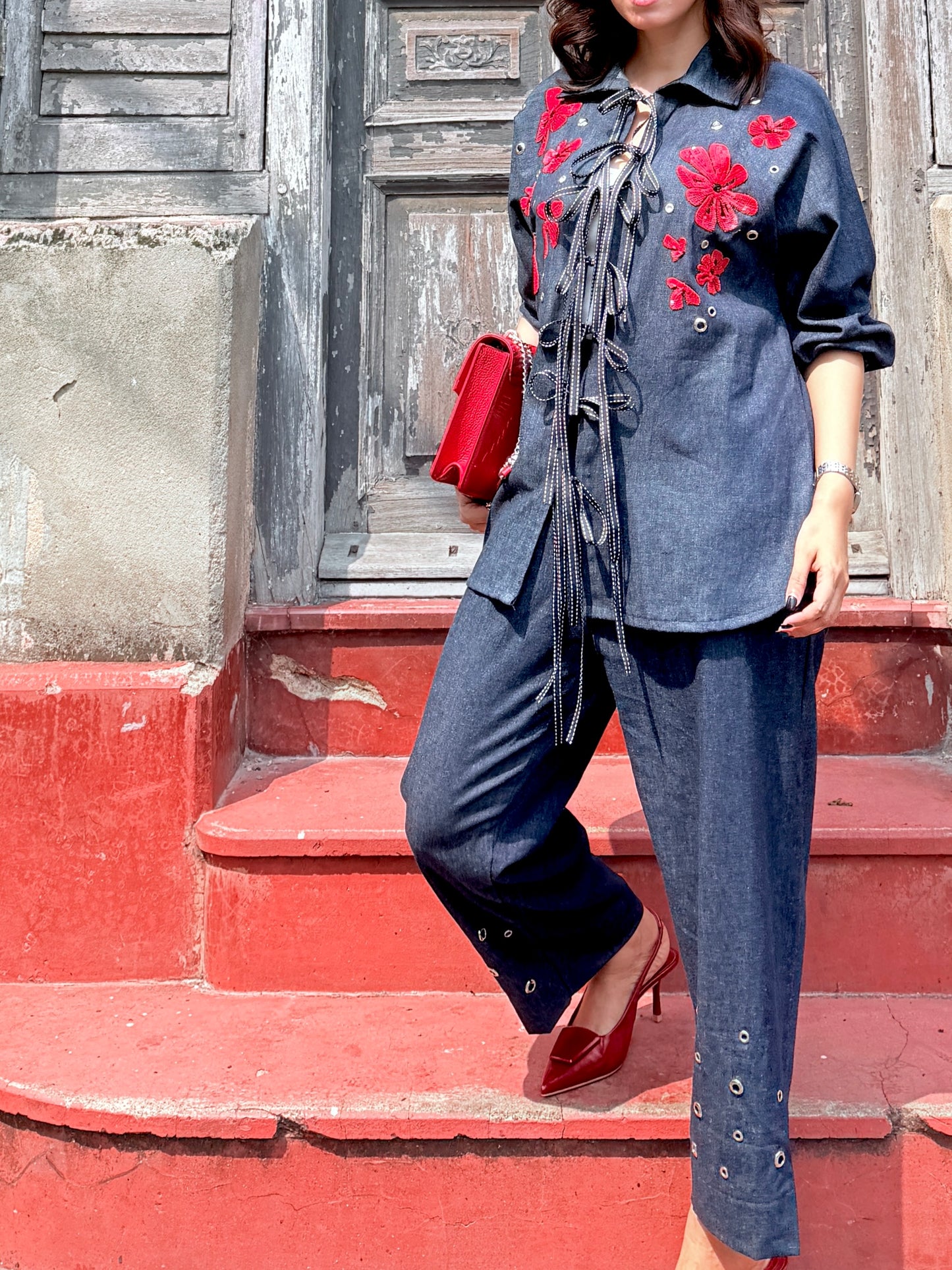 Tie up Denim Cord with Flower and Eyelet Details