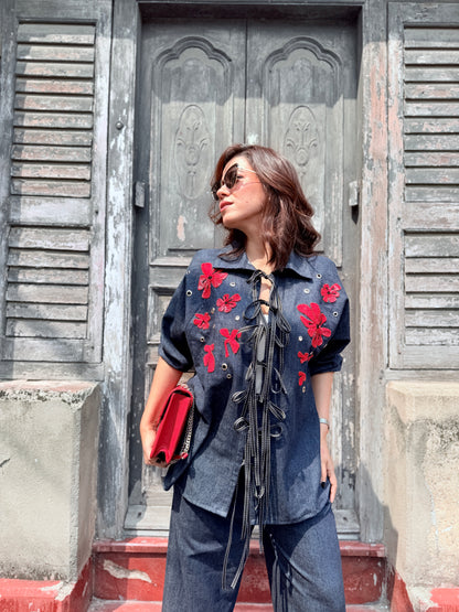 Tie up Denim Cord with Flower and Eyelet Details
