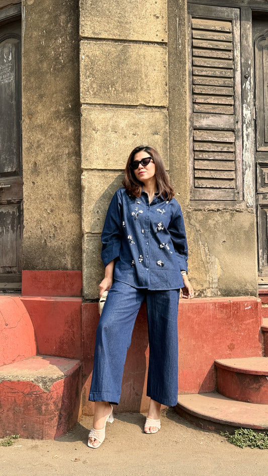 Dark Blue Denim Co-ordset with Pearls
