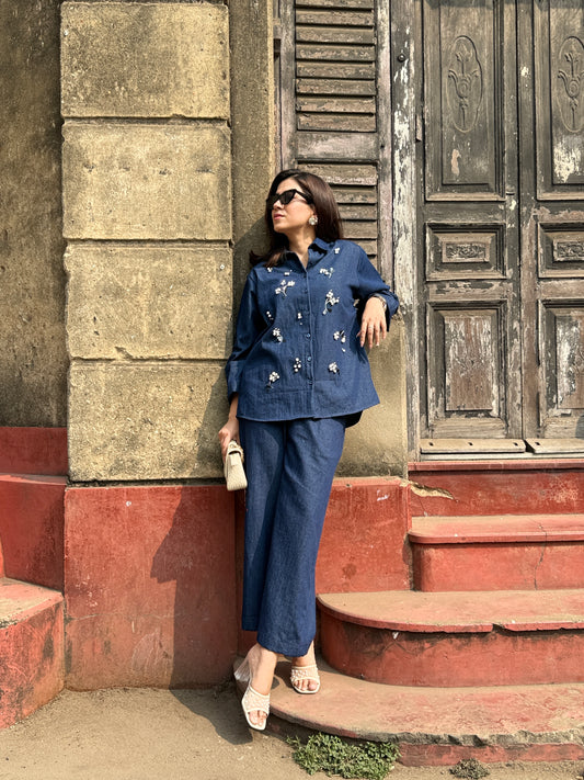 Dark Blue Denim Co-ordset with Pearls