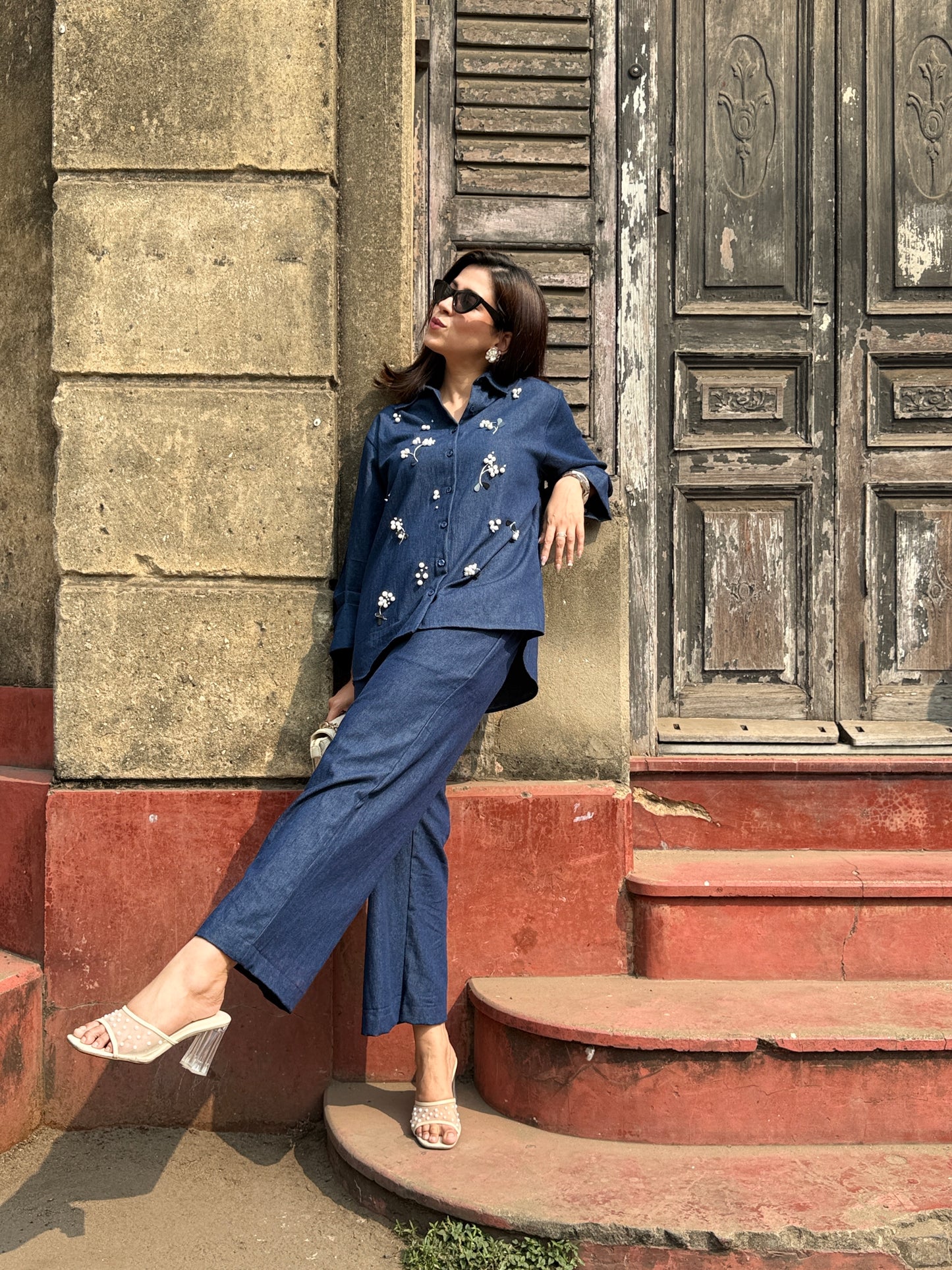 Dark Blue Denim Co-ordset with Pearls