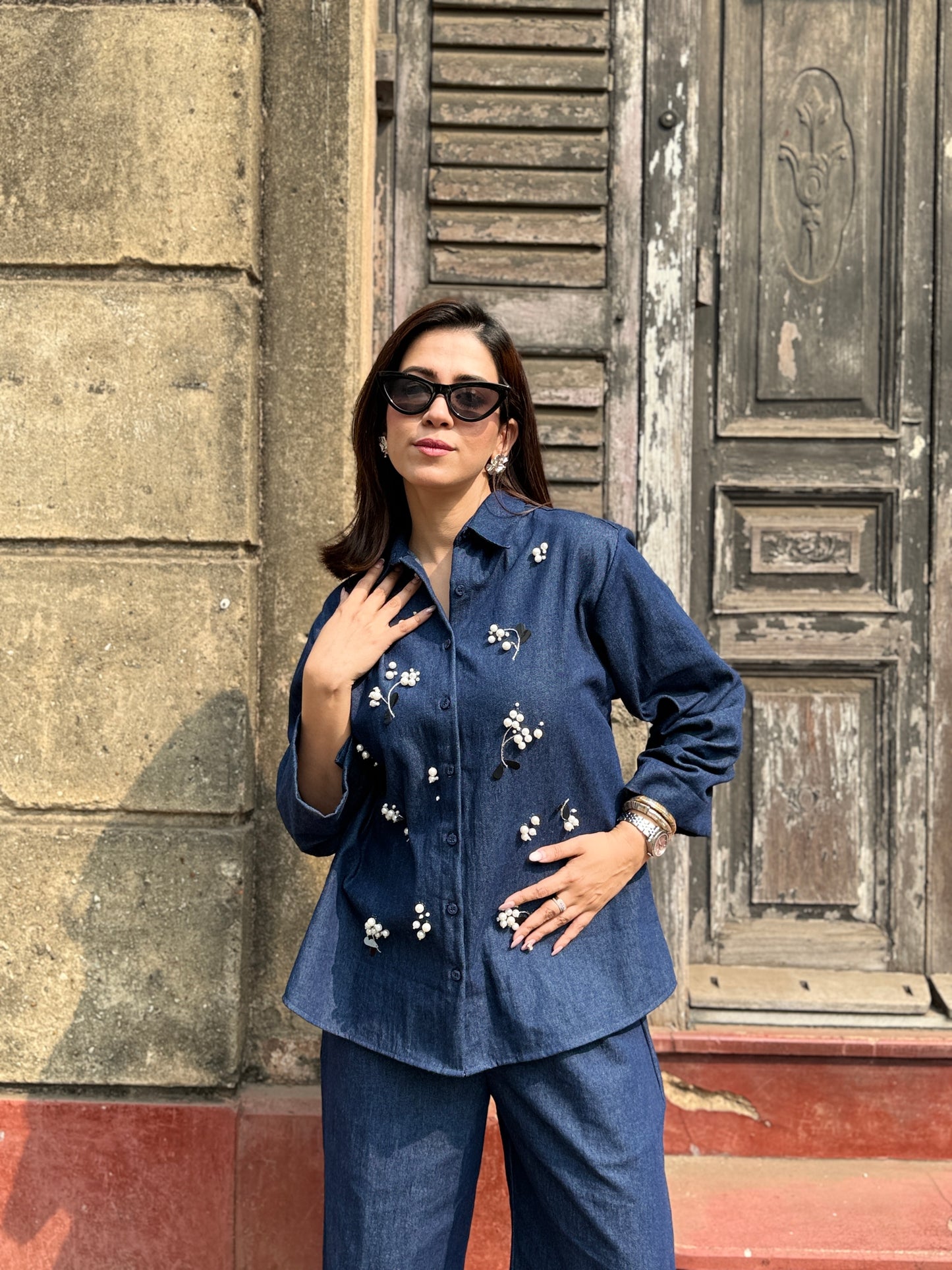 Dark Blue Denim Co-ordset with Pearls