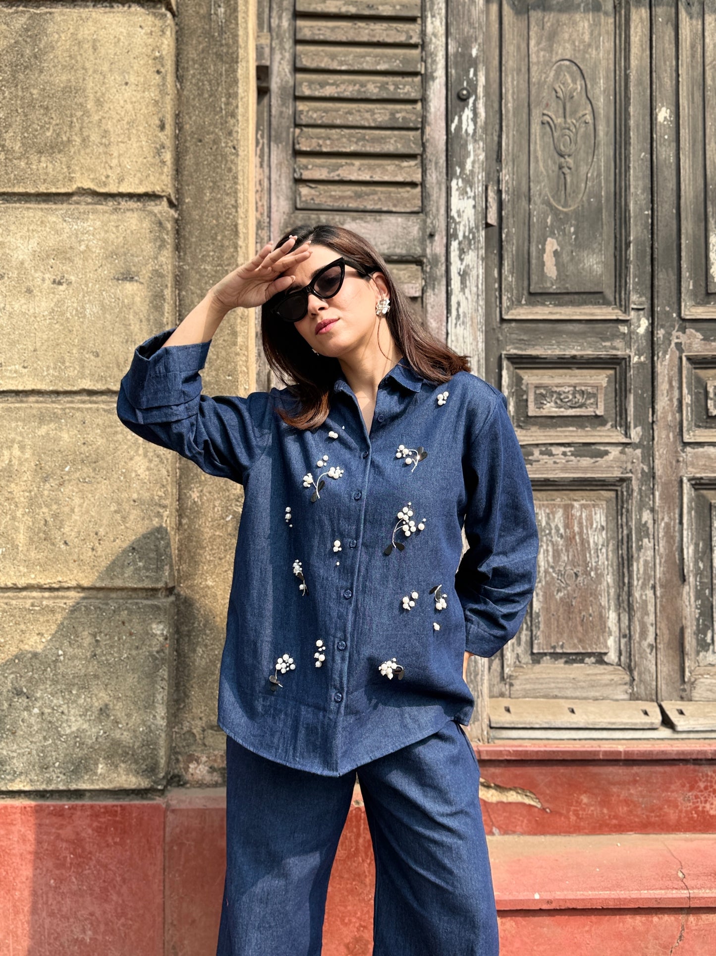 Dark Blue Denim Co-ordset with Pearls