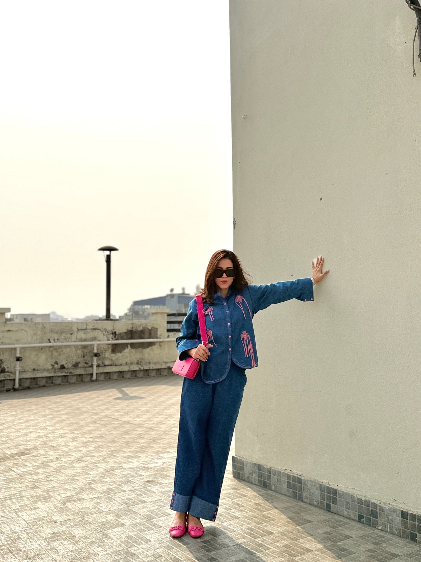 Blue Denim Co-ordset with Pink Ribbon Emb