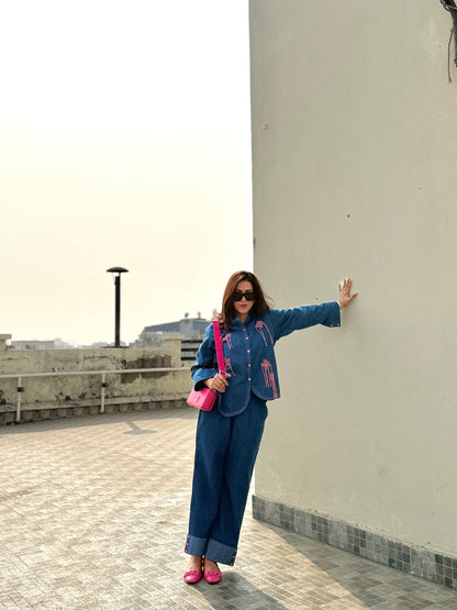 Blue Denim Co-ordset with Pink Ribbon Emb