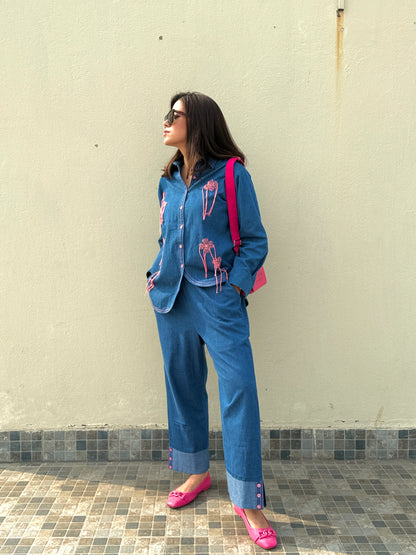 Blue Denim Co-ordset with Pink Ribbon Emb