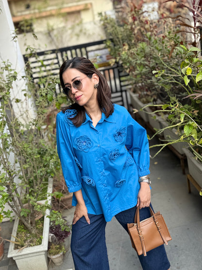 Blue Flower Patch Work Shirt