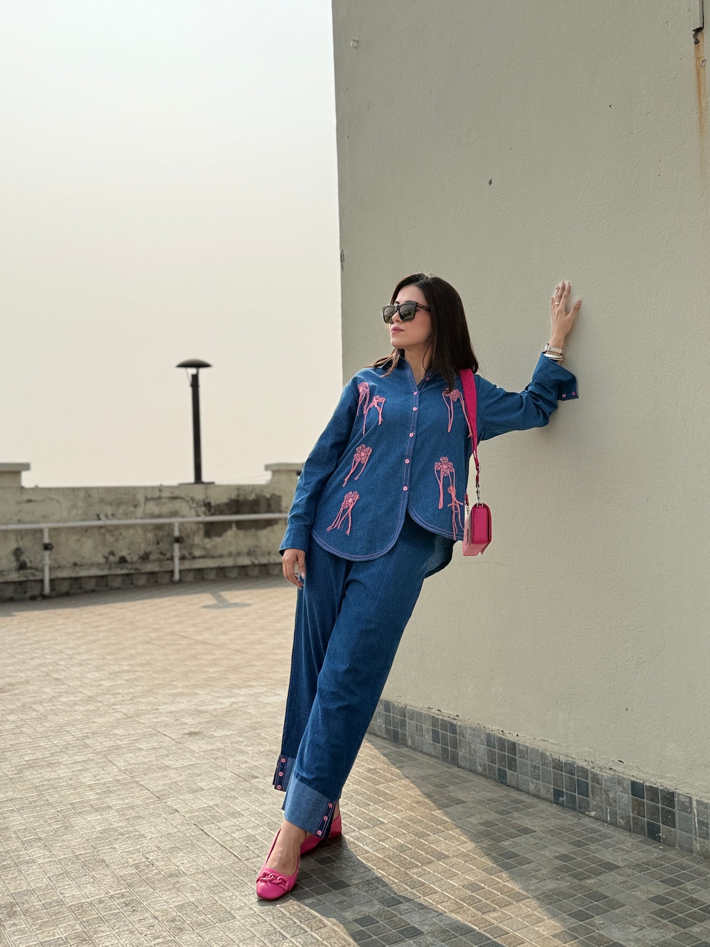 Blue Denim Co-ordset with Pink Ribbon Emb
