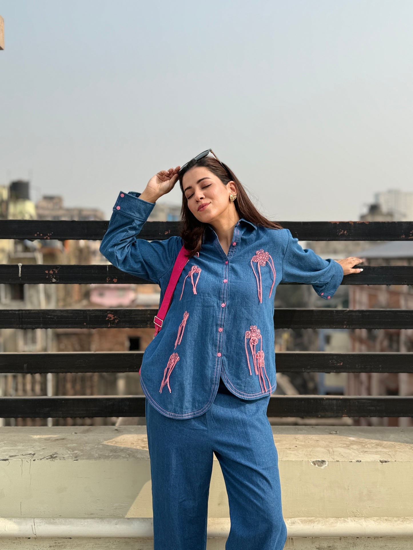 Blue Denim Co-ordset with Pink Ribbon Emb