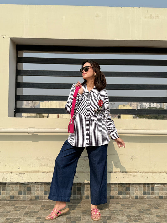 Black Striped Shirt with Rose Patch