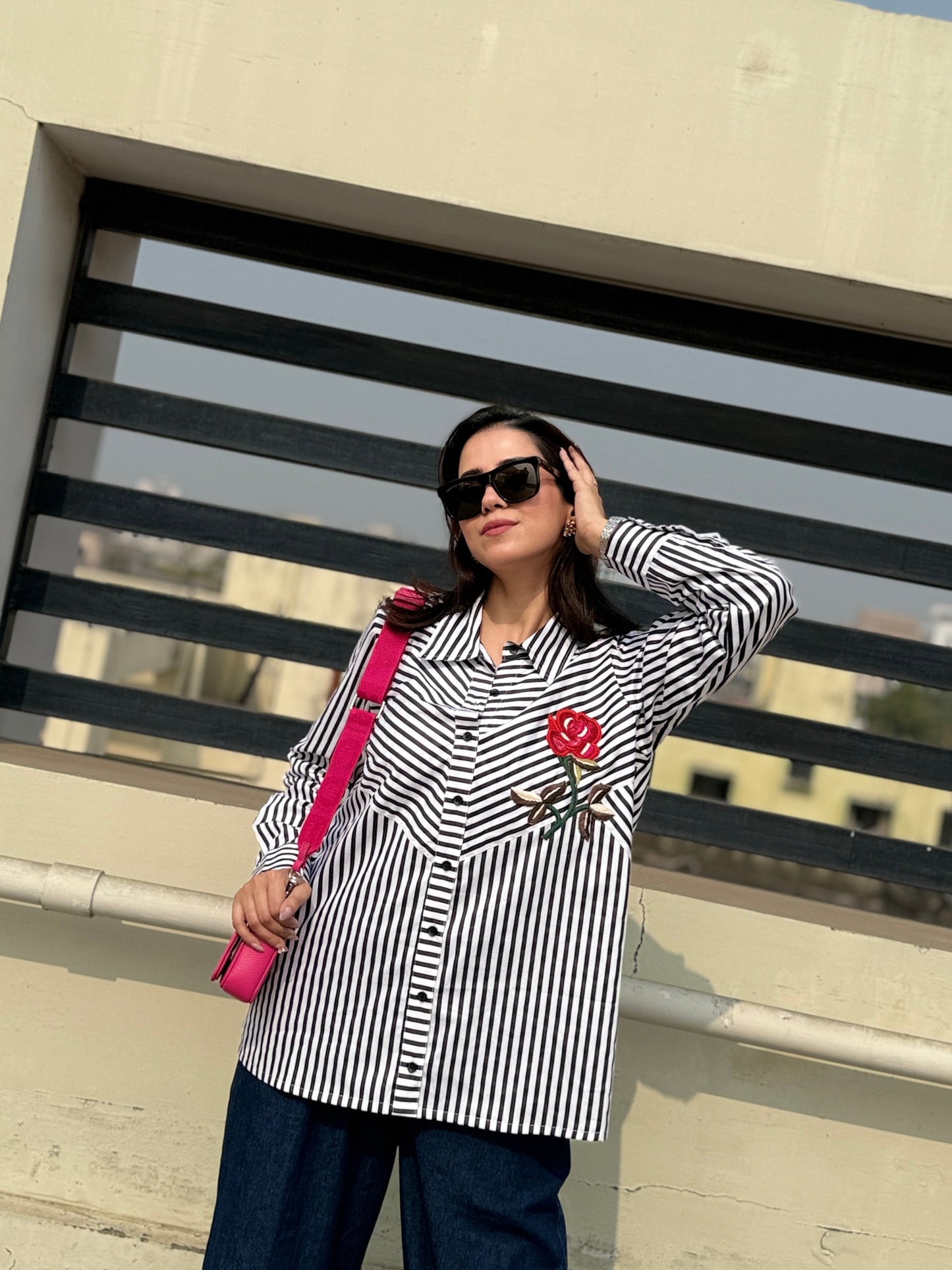 Black Striped Shirt with Rose Patch