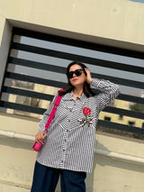 Black Striped Shirt with Rose Patch