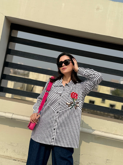 Black Striped Shirt with Rose Patch