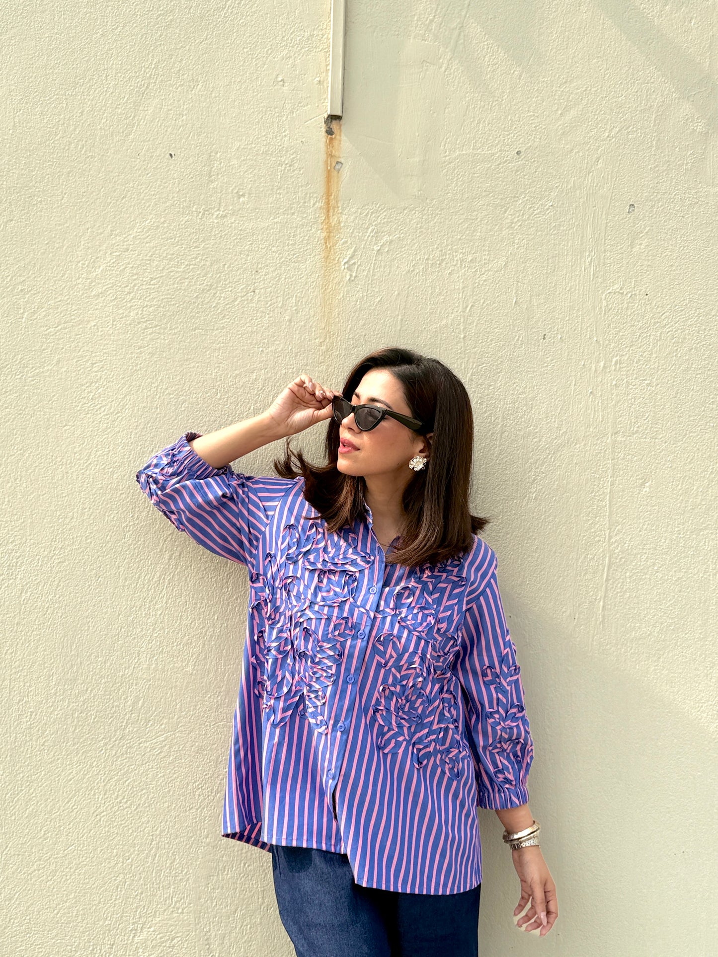 Striped Lavender Pink Cutwork Shirt