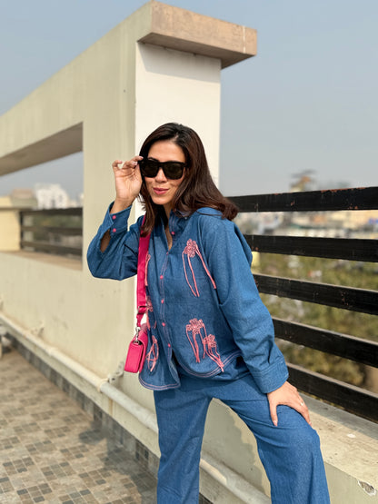 Blue Denim Co-ordset with Pink Ribbon Emb