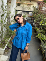 Blue Flower Patch Work Shirt