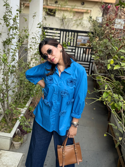Blue Flower Patch Work Shirt