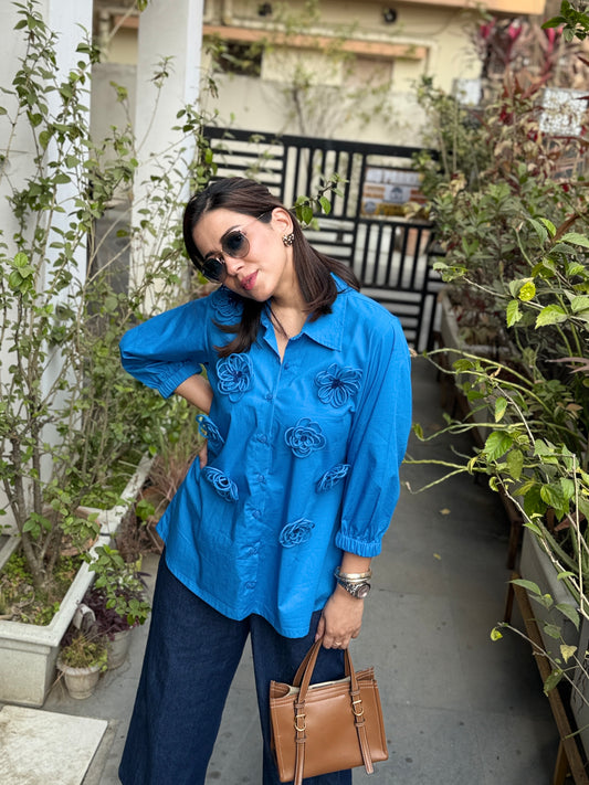 Blue Flower Patch Work Shirt