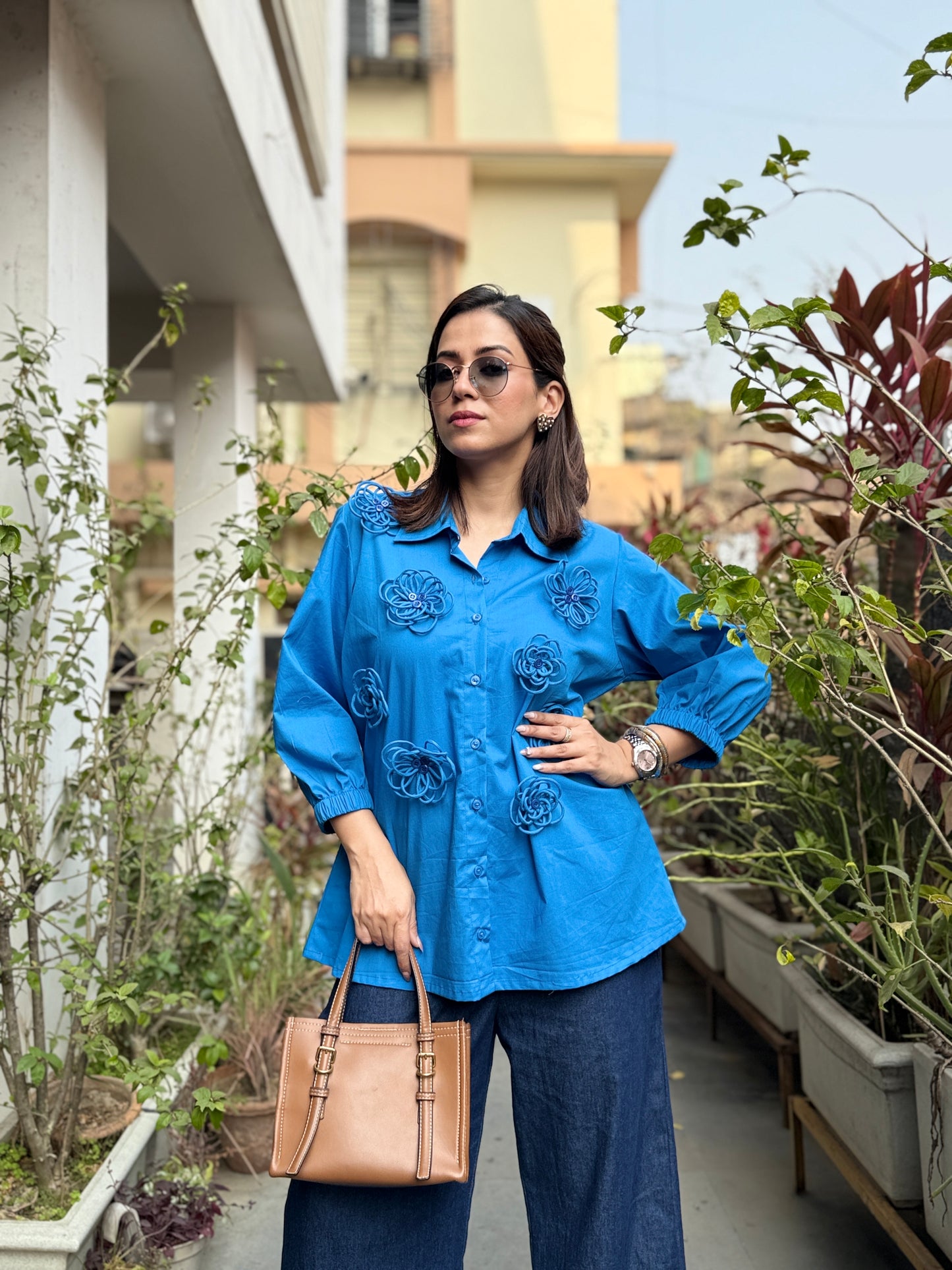 Blue Flower Patch Work Shirt